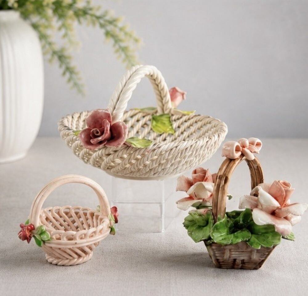 Vintage Capodimonte Italian Porcelain Miniature Flower Baskets Set of 3